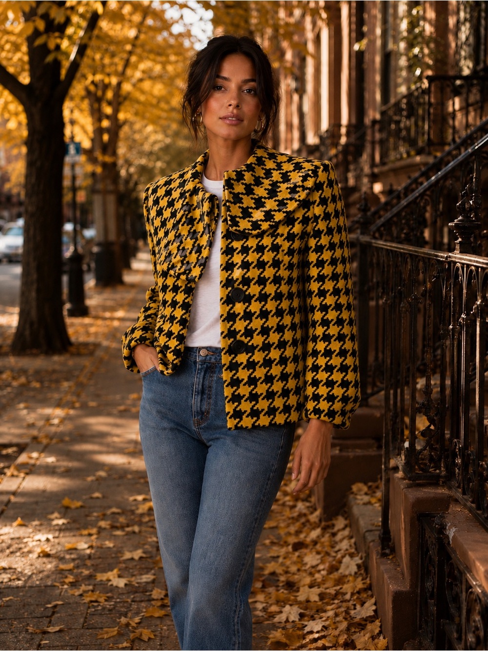 Elegant Mustard and Black Houndstooth Pea Coat - Size Medium